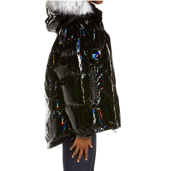 Blanc Noir Black Holographic Hooded Puffer Jacket Removable Faux Fur Hood NWT M - Picture 3 of 6